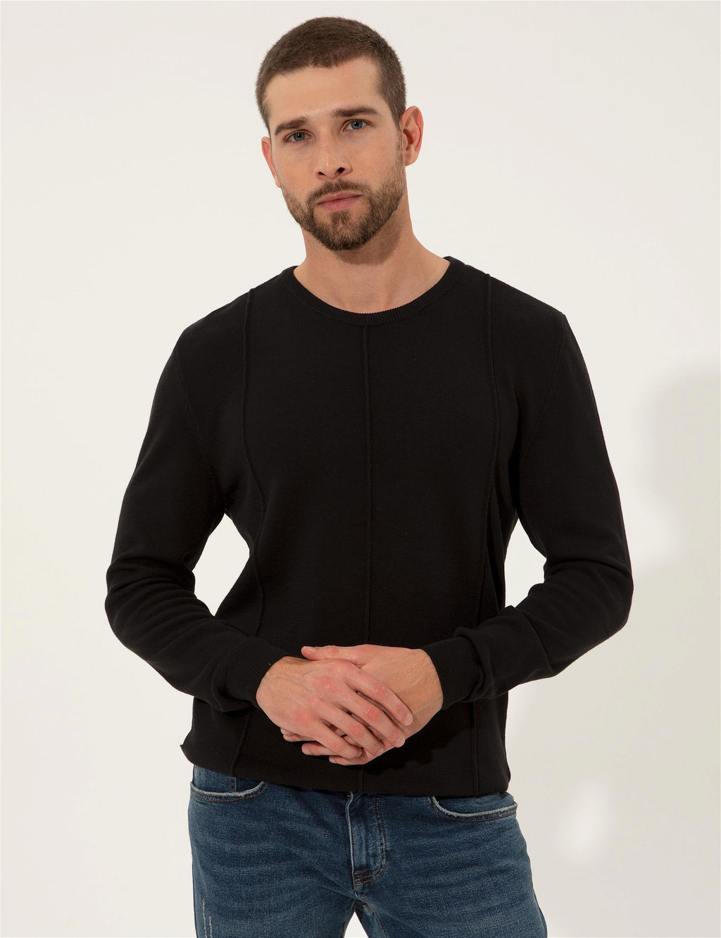 Siyah Slim Fit Bisiklet Yaka Triko Kazak