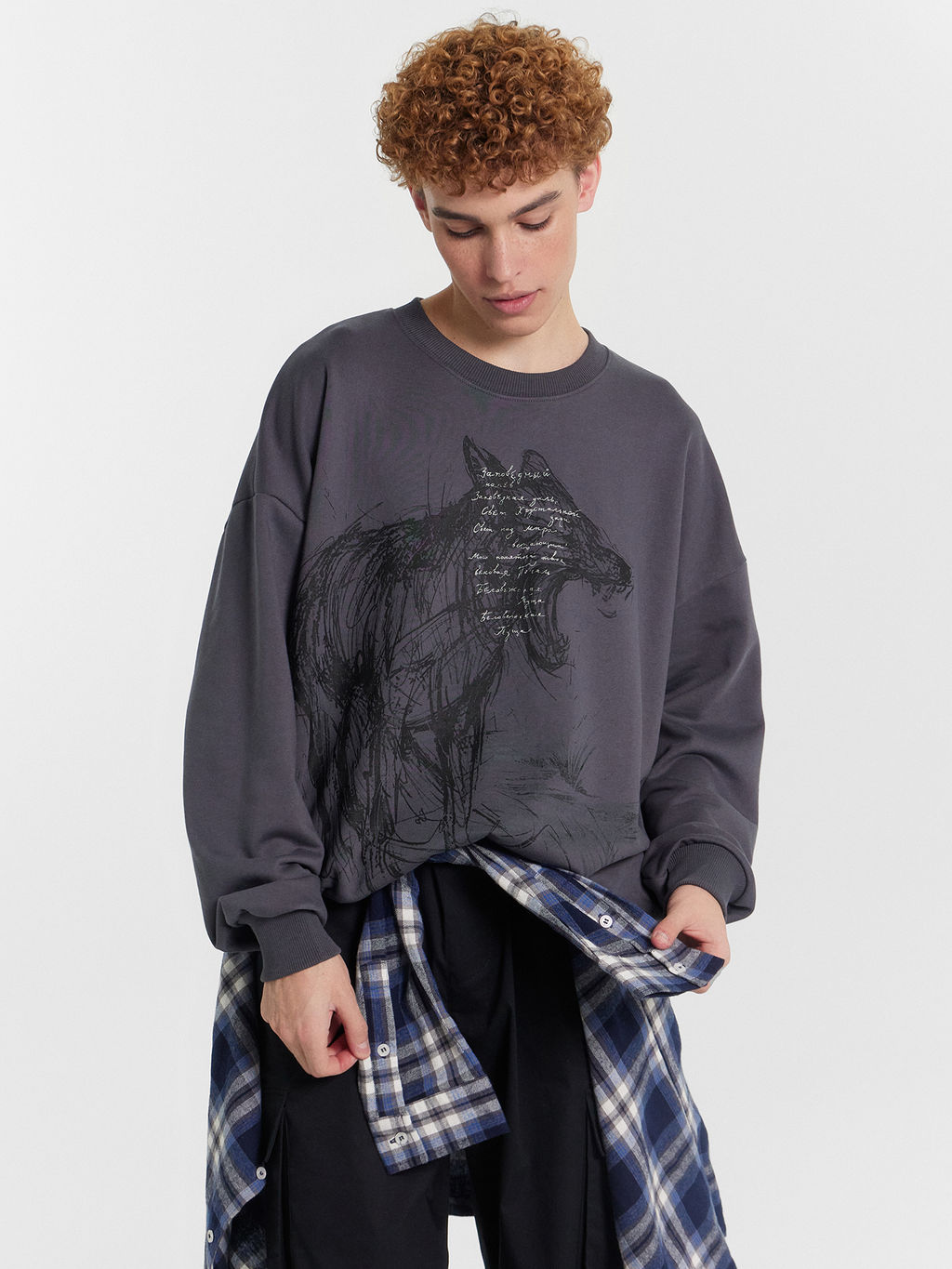 Свитшот мужской серый с принтом Заповедный напев сталь +печать 121866/1