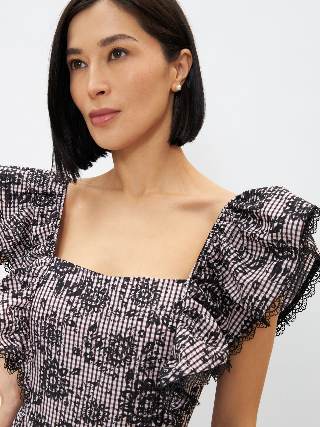 Платье из хлопка с отделкой из кружева OD-945-1 клетка ч/б с напылением