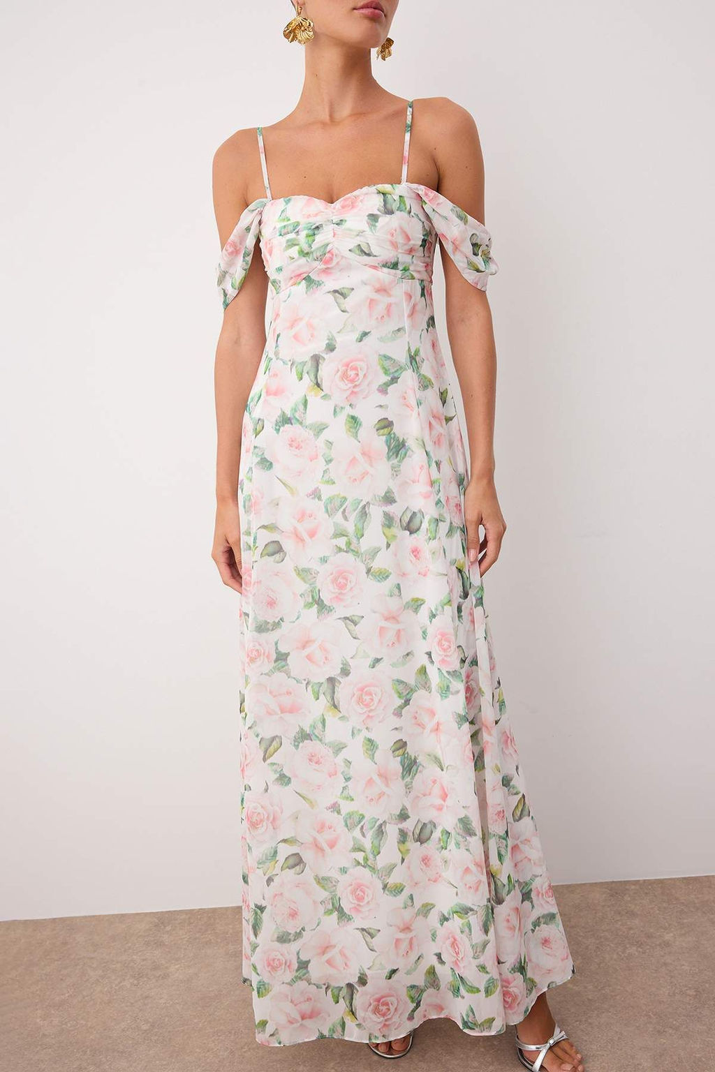 Cok Renkli Cicekli Sifon Dokuma Dusuk Kol Mezuniyet Abiye Elbise TPRSS25AE00185 - Trendyolmilla фото 3