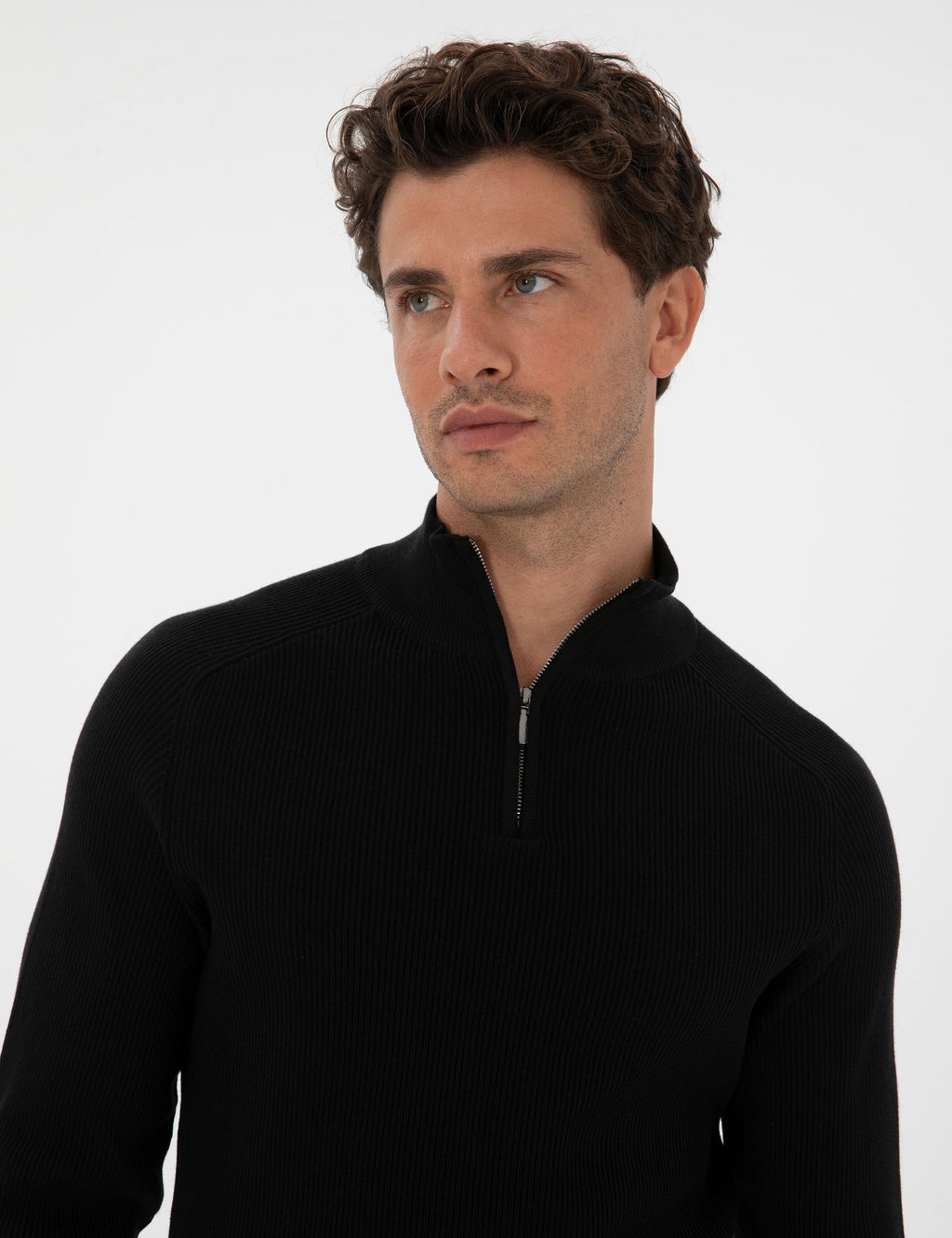 Siyah Slim Fit Dik Yaka Fermuarl_ Triko Kazak - Pierre cardin фото 2