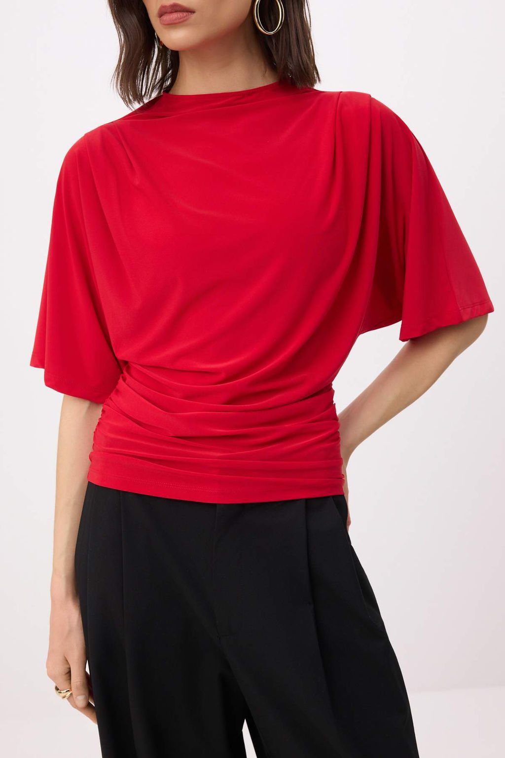 K?rm?z? Fitted/Vucuda Oturan Kay?k Yaka Yarasa Kol K?sa Kollu Esnek Orme Bluz TWOSS26BZ00020