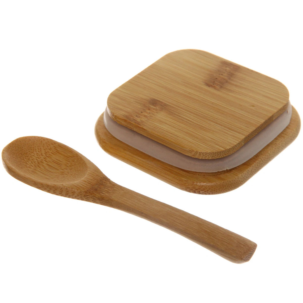 Банка для продуктов стеклянная 450мл "Хай-Тек" с бамбуковой крышкой и ложкой, квадратная 8*10см