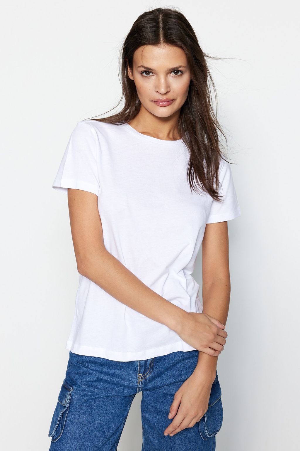 TRENDYOLMILLA Kahverengi-Bej-Haki Cizgili 3lu Paket Basic Bisiklet Yaka Orme T-Shirt TWOSS20TS0146  фото 11