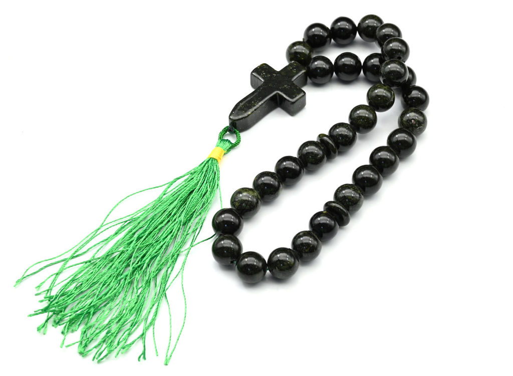 Четки православные 30 бусины из змеевика шарик 10мм с крестиком, 30см