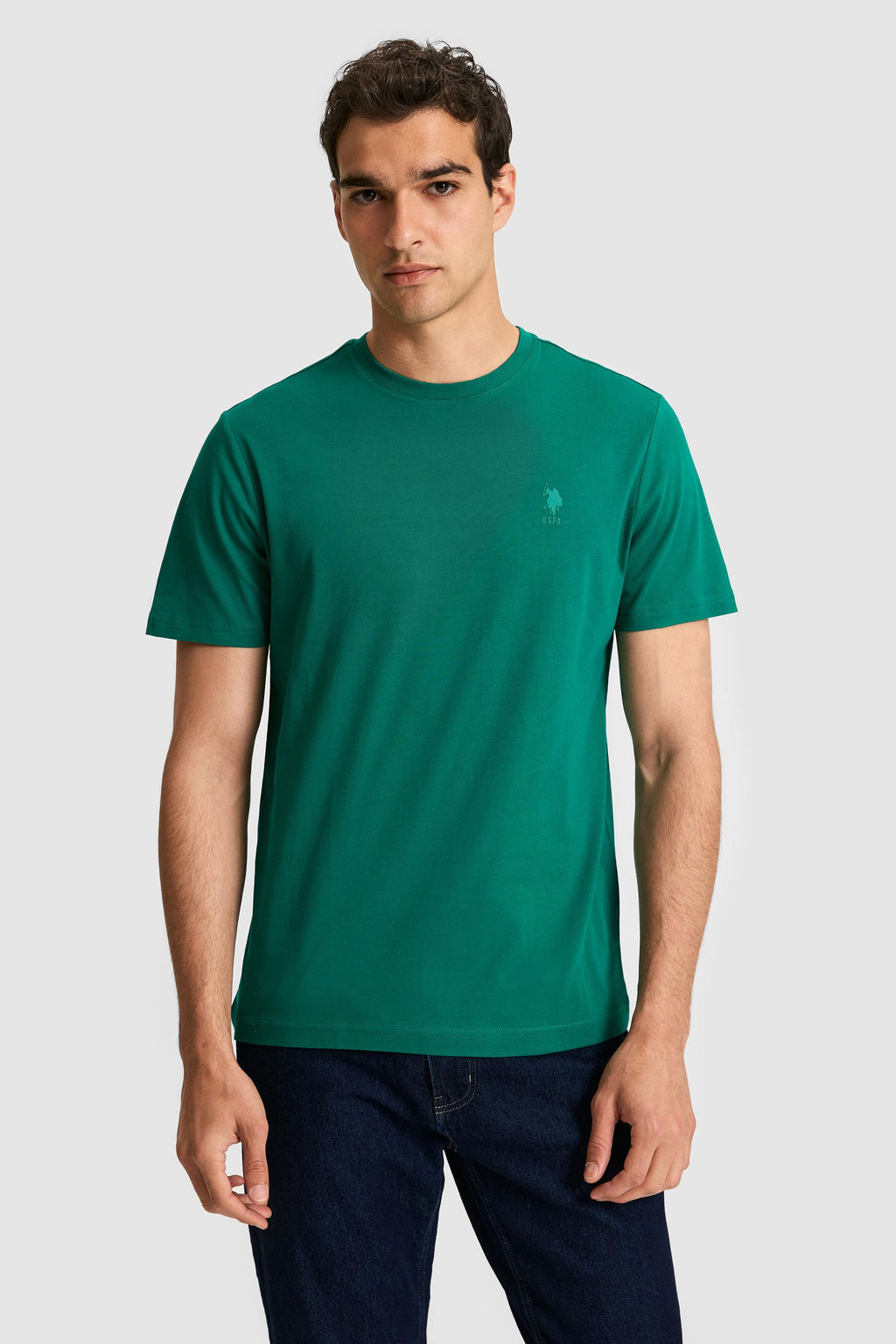 Erkek Regular Fit Bisiklet Yaka Koyu Ye_il Basic Ti__rt