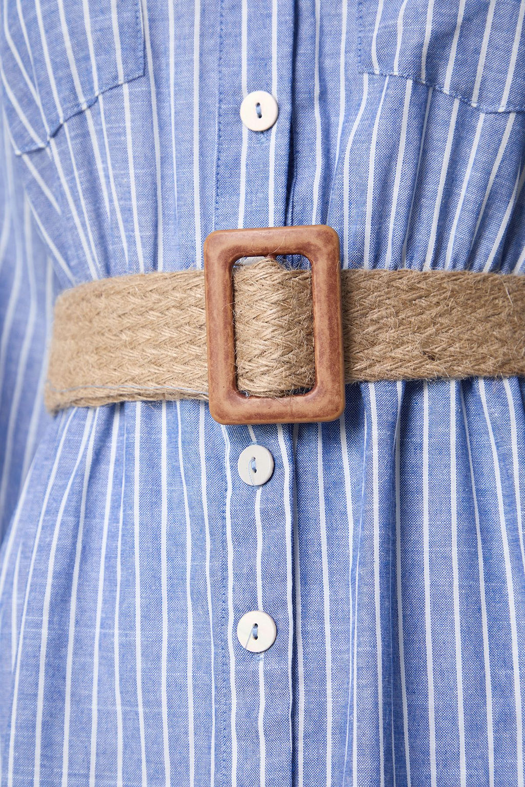 Mavi Kemerli Cizgili Midi Dokuma Gomlek Elbise TWOSS25EL00063