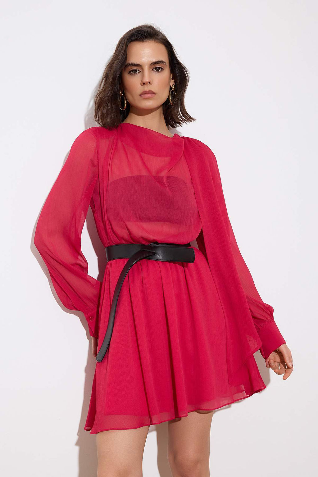 Cok Renkli Kemerli Sifon Ust Beden Astars?z Elbise TWOAW26EL00378 - Trendyolmilla фото 5