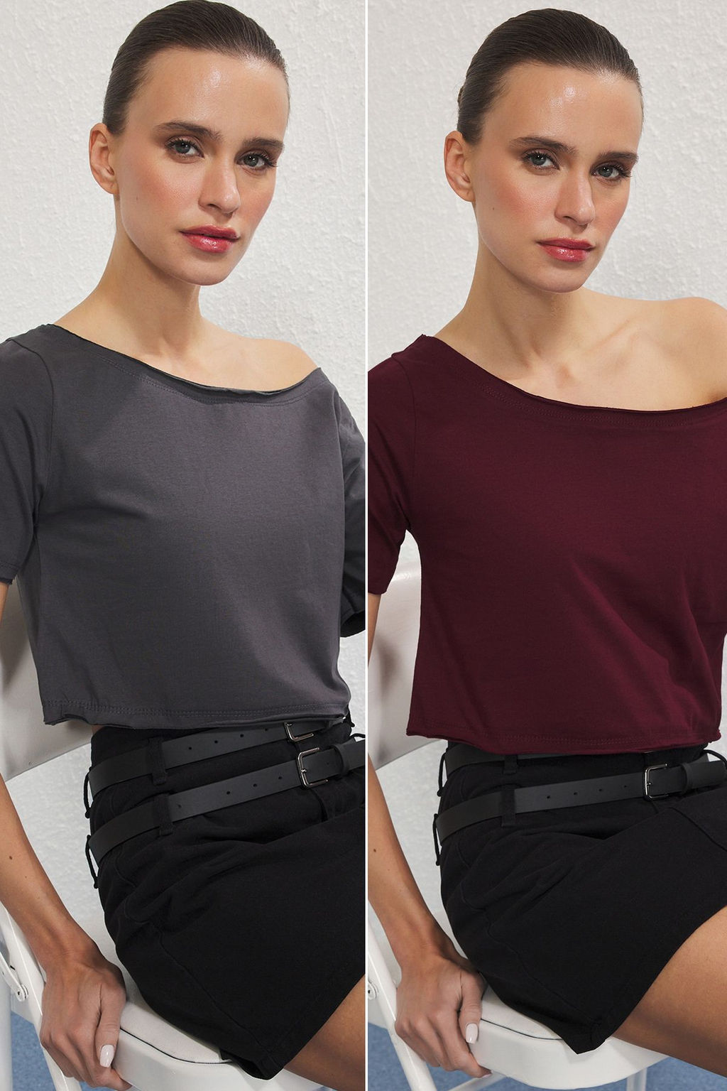 Trendyolmilla Siyah-Beyaz 2li Paket %100 Pamuk Asimetrik Kay?k Yaka Crop Orme T-Shirt TWOSS25TS00194