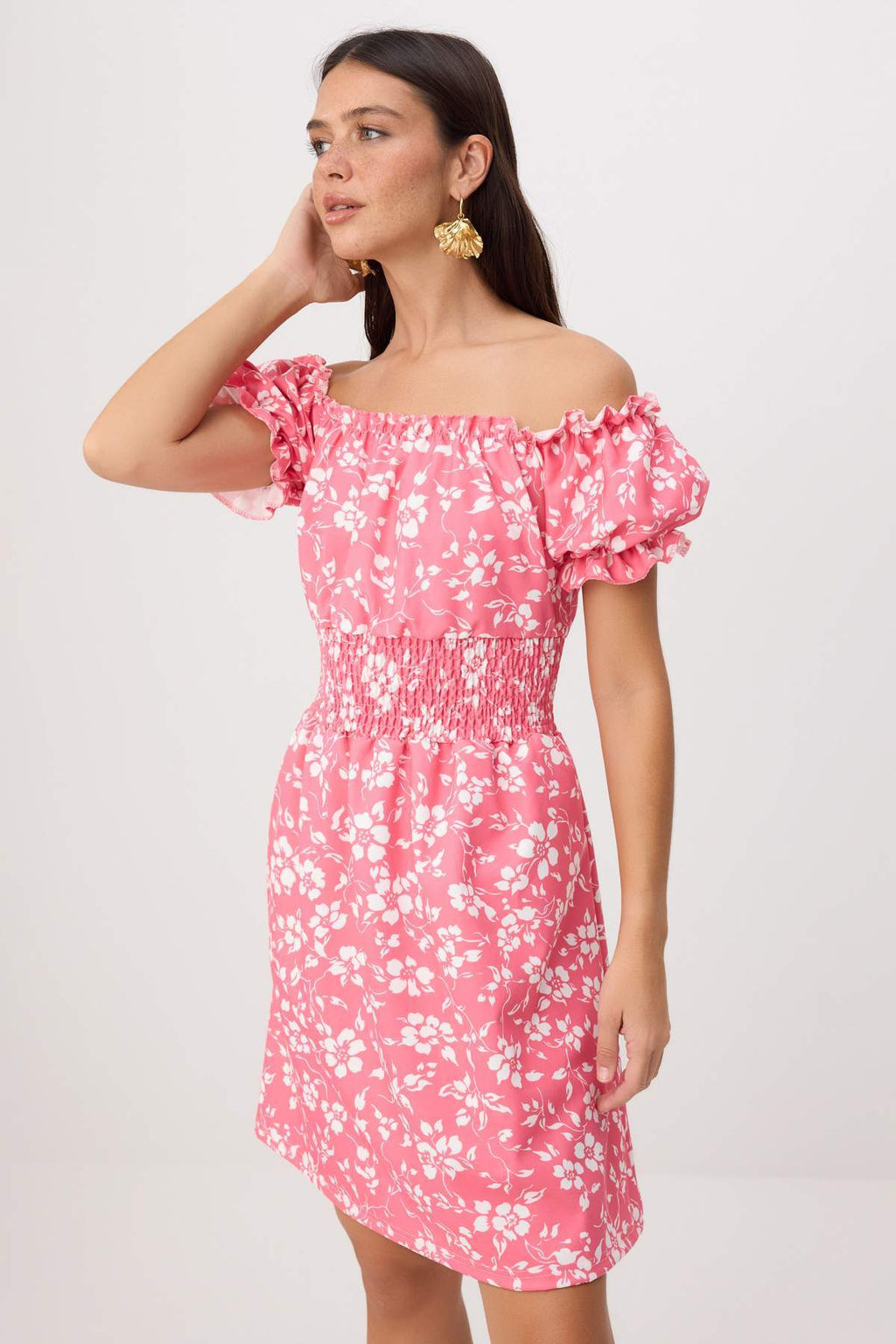 Pembe _i_ek Desenli Beli Lastikli Carmen Yaka K_sa / Mini Dokuma Elbise TWOSS26EL00936 - Trendyolmilla фото 2