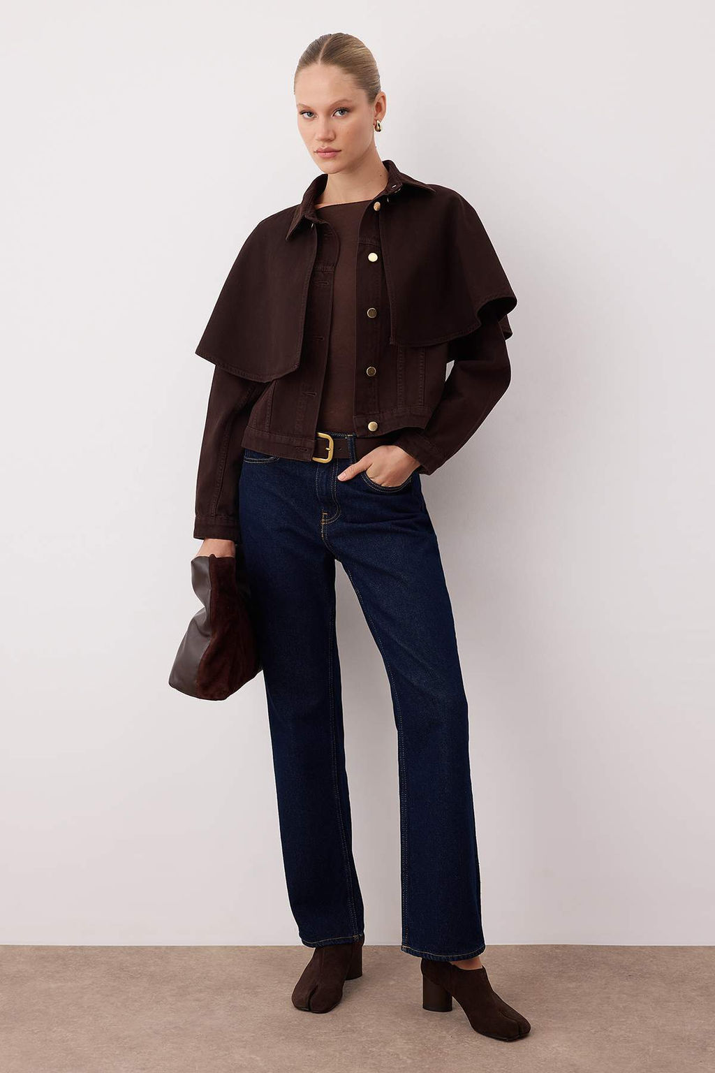 Kahverengi C?kar?labilir Pelerinli Denim Panco Ceket TWOAW26CE00001