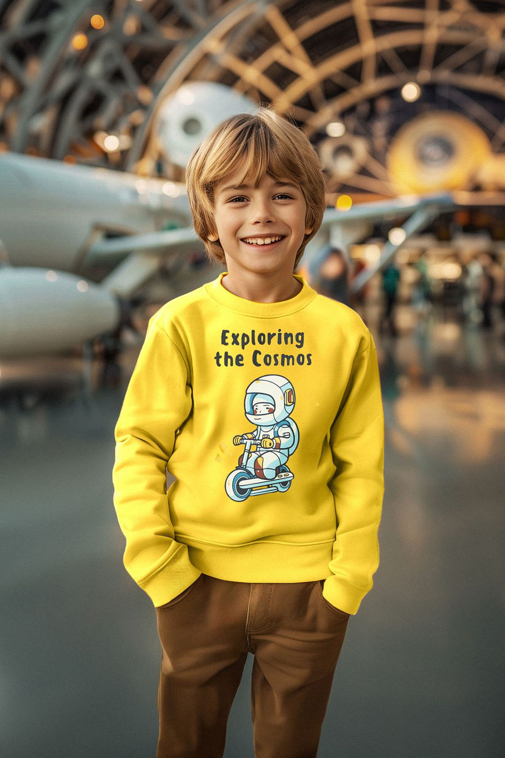 Sar? Erkek Cocuk Mevsimlik-Ince Uzay Desenli Bisiklet Yaka Orme Sweatshirt TKDAW25SW00005