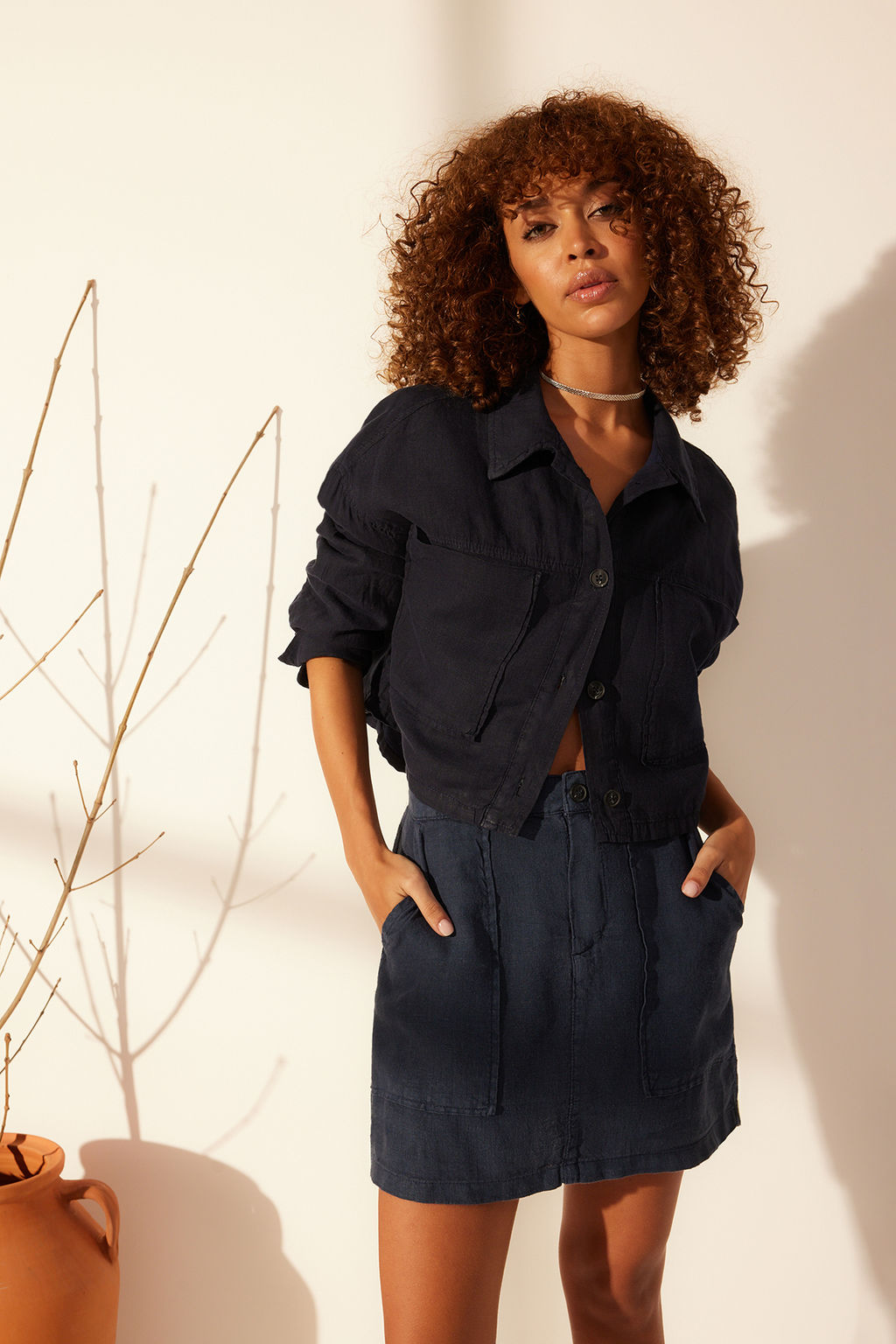 Lacivert %100 Keten Cep Detayl? Mini Etek TWOSS24ET00154