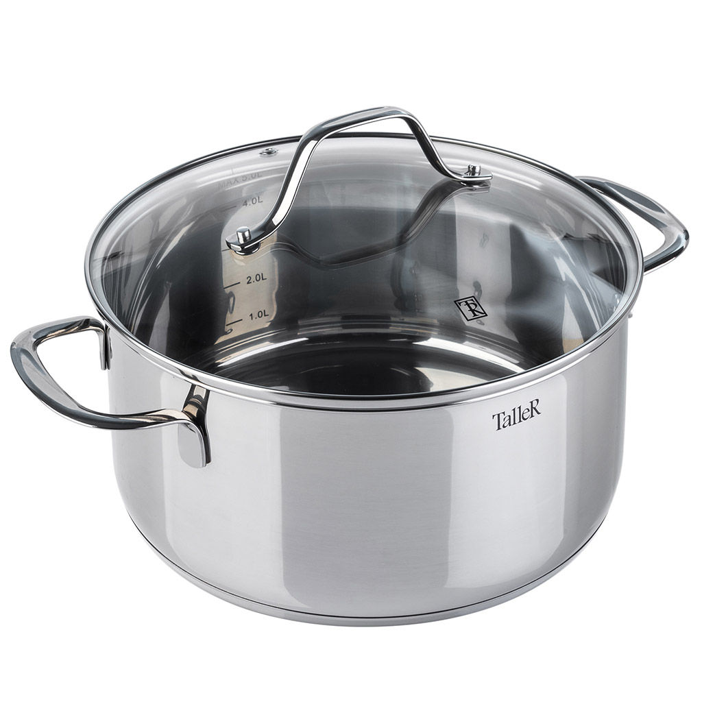Кастрюля из нержавеющей стали Элиас 3л, д20см, h10,5см, s0,6мм, дно s2,8мм, стеклянная жаропрочная крышка, стальной обод, пароотвод, капсулированное дно, полировка внешняя - зеркальная, внутренняя - зеркальная, мерная шкала, цветная коробка, Talle - Домашняя мода фото 2