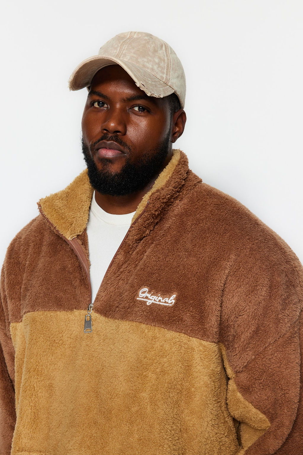 Camel Unisex Buyuk Beden Oversize/Genis Kesim Renk Bloklu Nak?sl? Pelus Sweatshirt TMNAW24AO00015 - Trendyolmilla фото 3