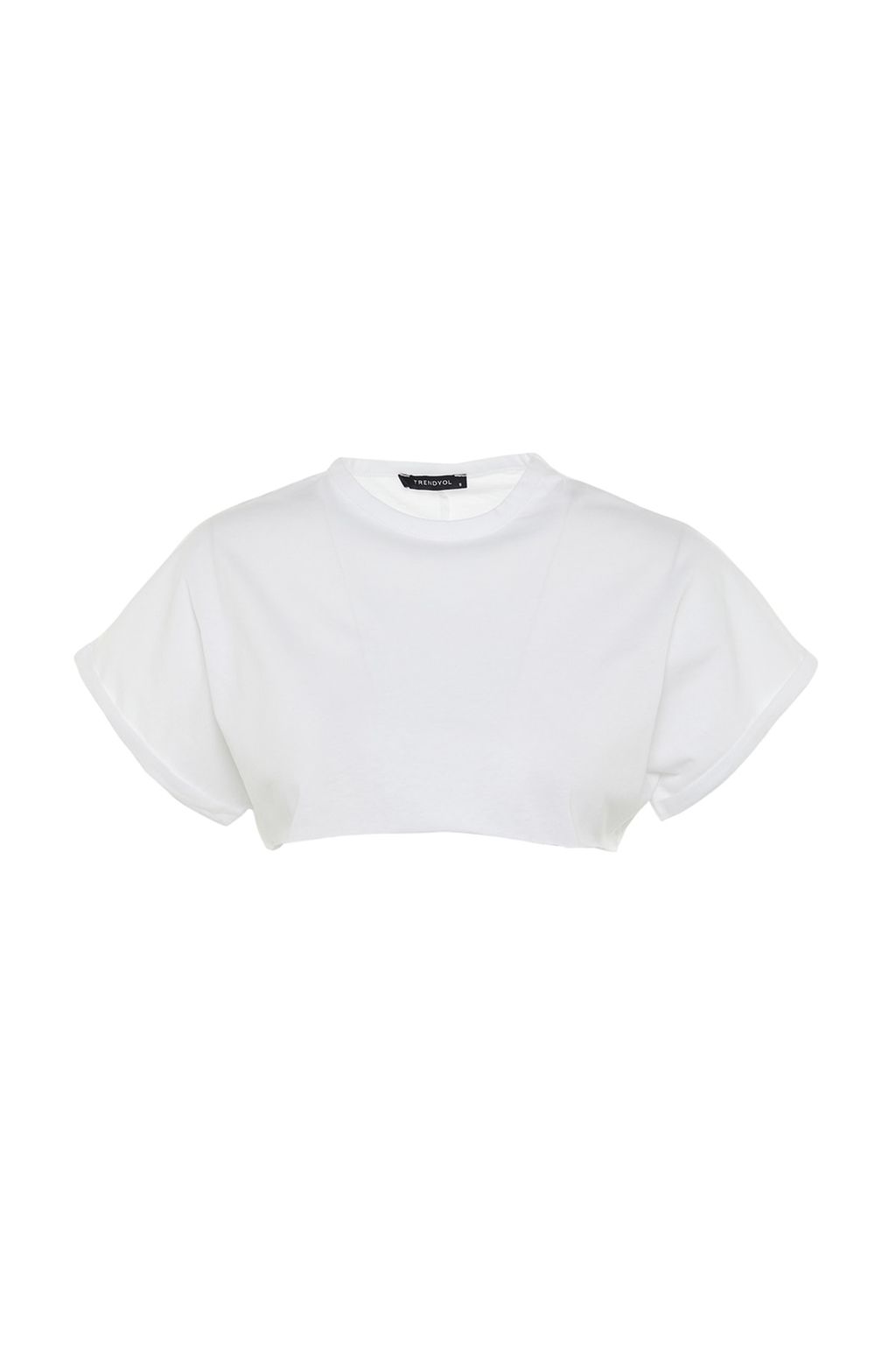 Beyaz %100 Pamuk Bisiklet Yaka Super Crop Orme T-Shirt TWOSS21TS0091