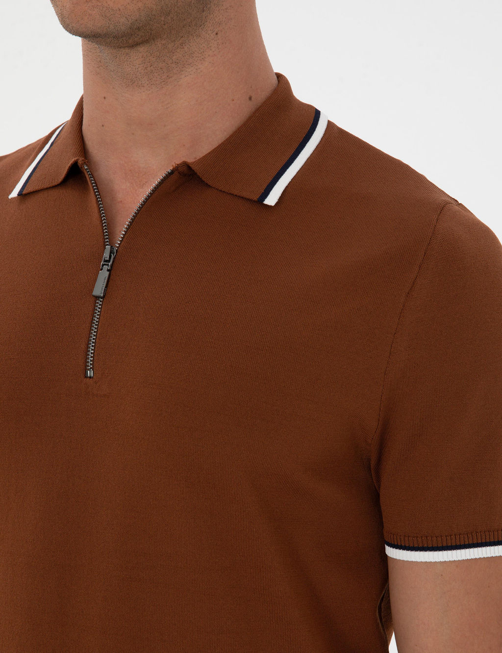 Kahverengi Slim Fit Polo Yaka Fermuarl_ Triko Kazak - Pierre cardin фото 7