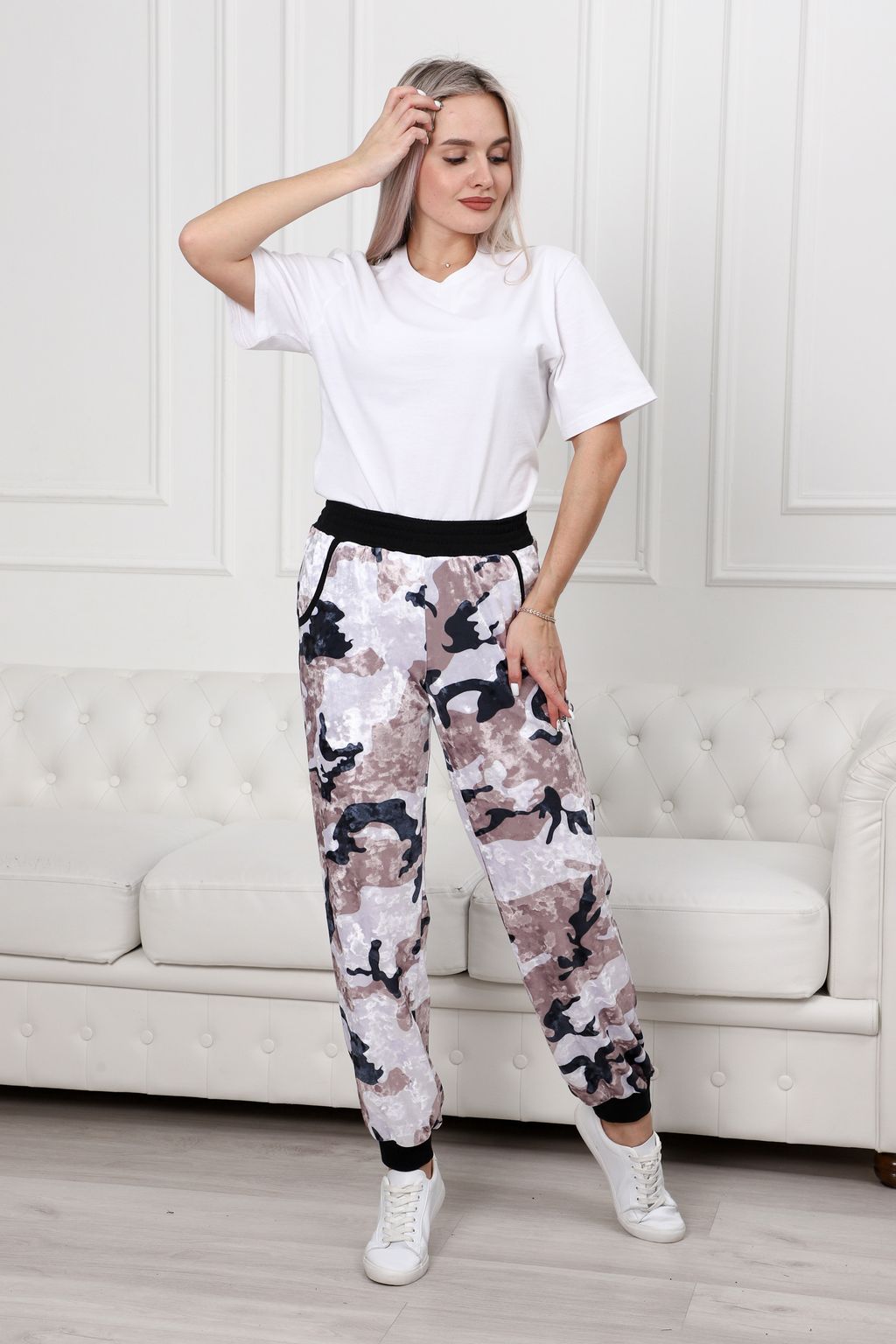 Брюки женские из велюра на манжетах Камуфляж бежевый - Амадэль фото 9