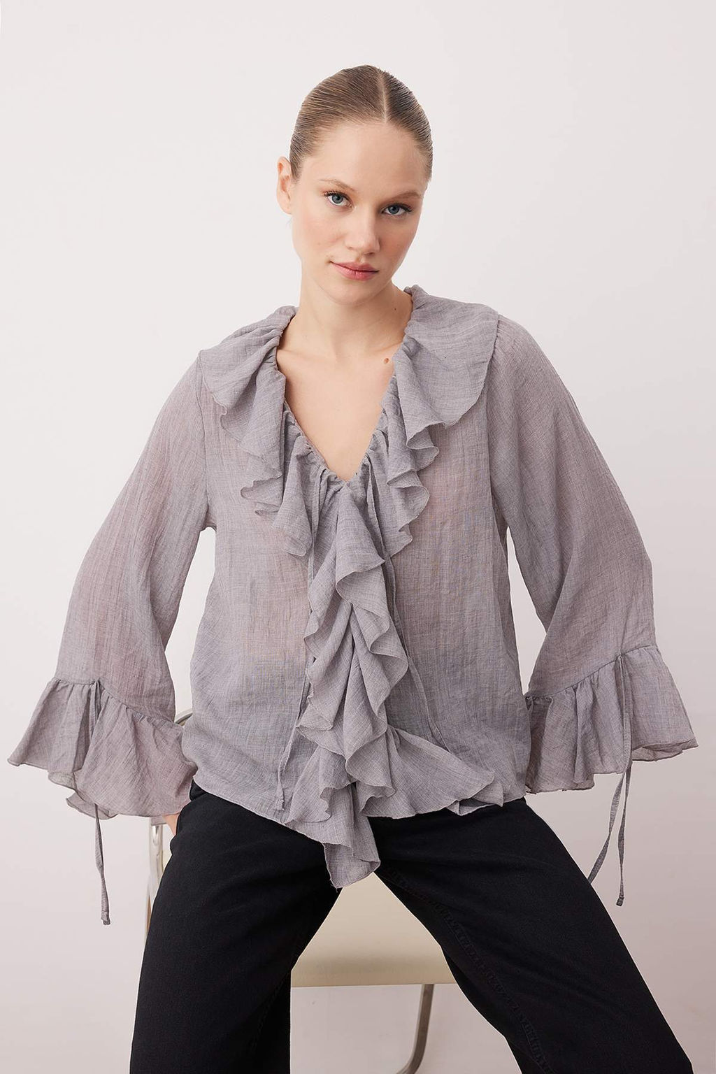 Trendyolmilla Bej F?rf?rl? Bohem Ince Pamuklu Kumas Uzun Kol Dokuma Bluz TWOSS25BZ00551 фото 8