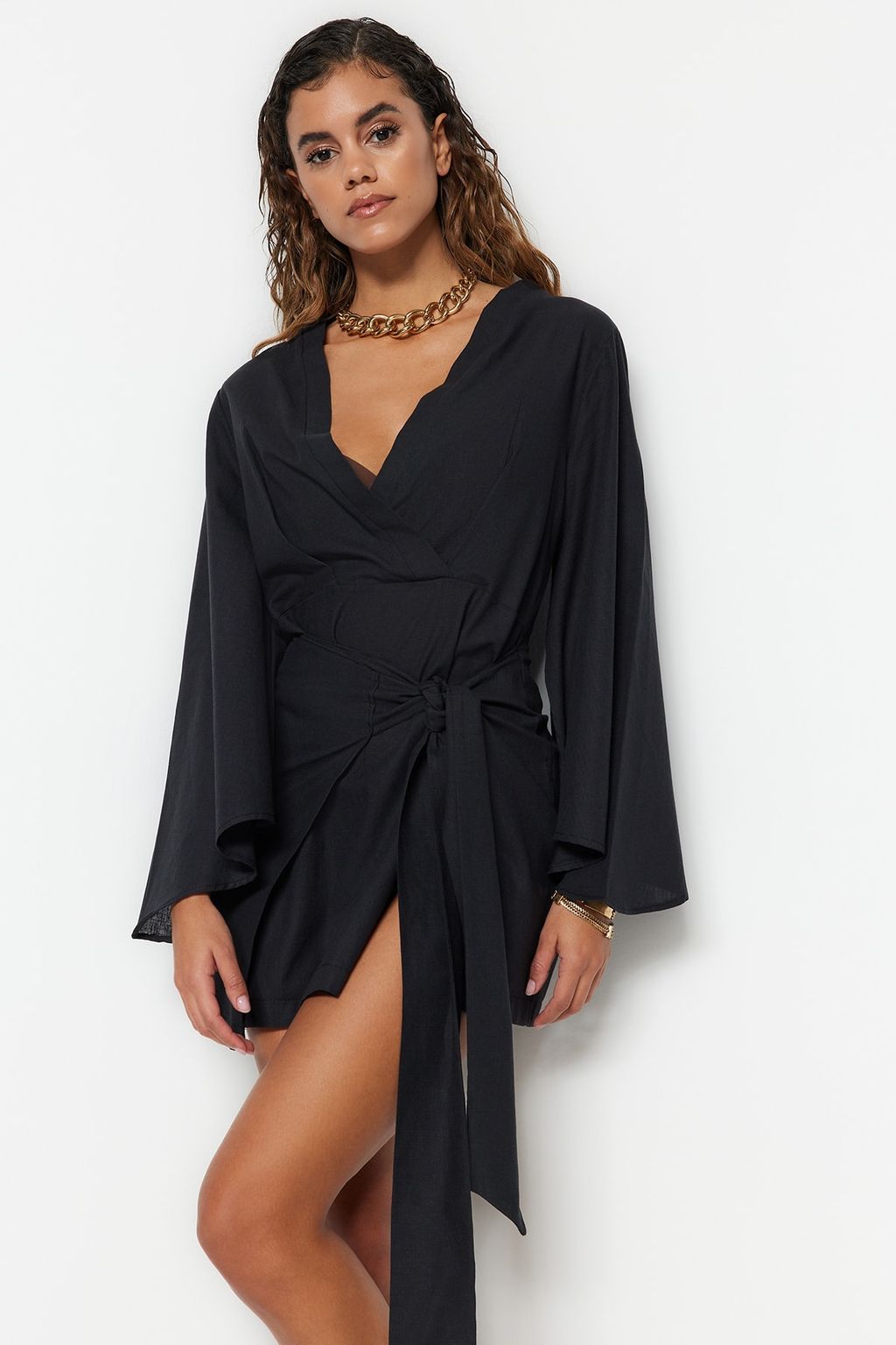 TRENDYOLMILLA Gul Kurusu Dokuma Flaml? Pamuk Baglamal? Mini Plaj Elbisesi TBESS21EL3208  фото 15