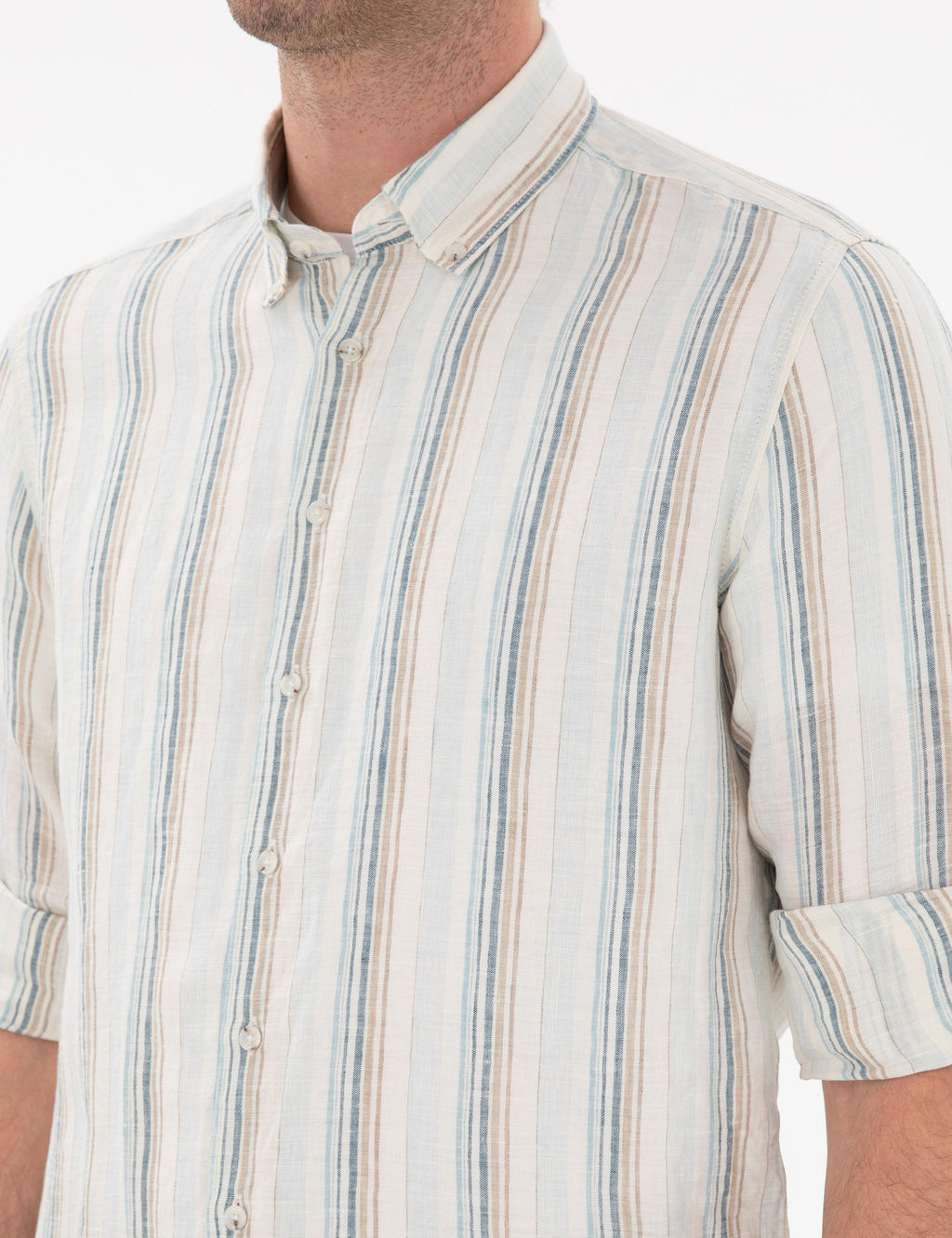 A__k Mavi Slim Fit _izgili Yakas_ D__meli %100 Keten G_mlek