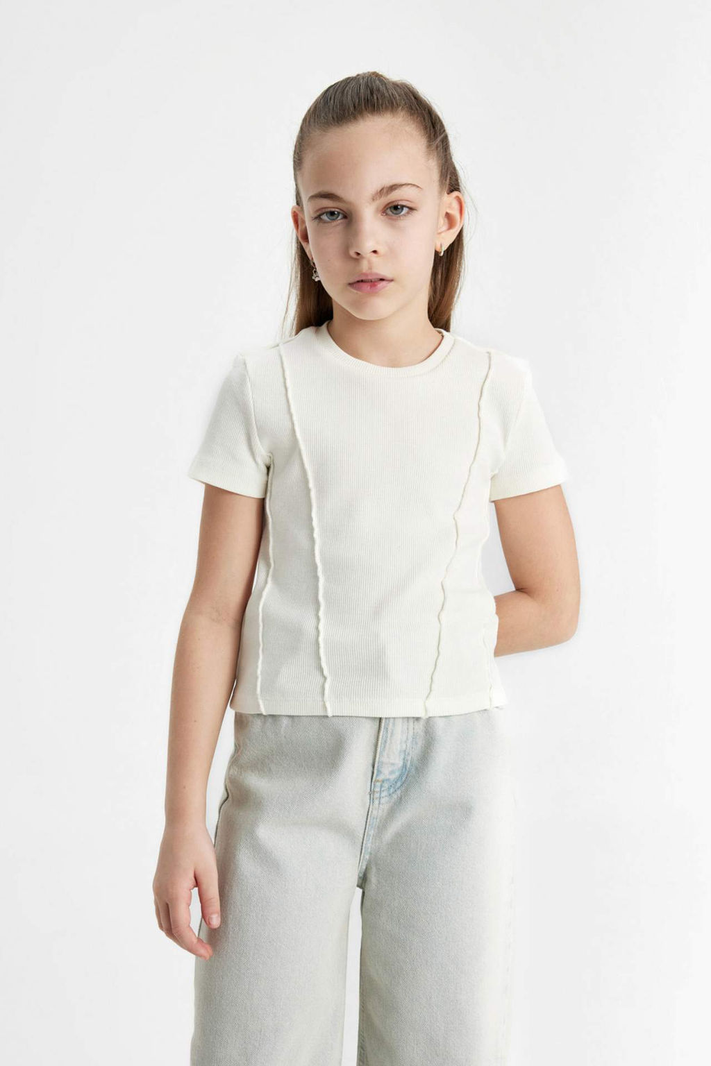 K?z Cocuk Slim Fit Dar Kesim Bisiklet Yaka Ribana K?sa Kollu Tisort - Defacto фото 2