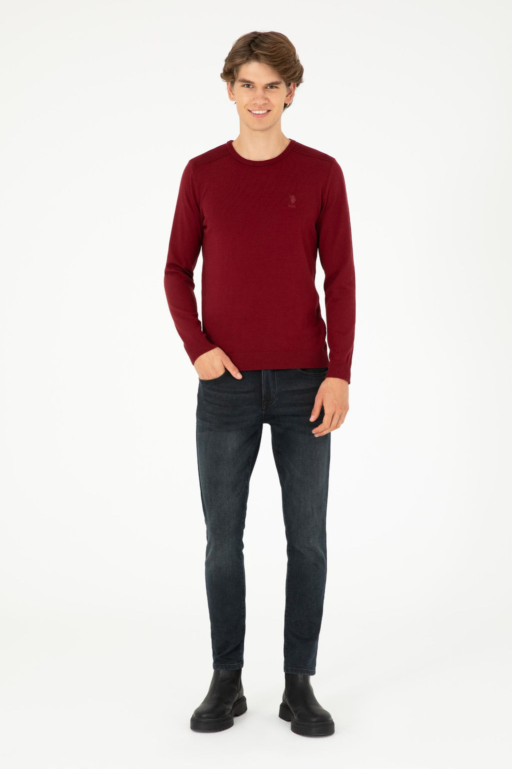 Erkek Slim Fit Bisiklet Yaka Bordo Basic Kazak