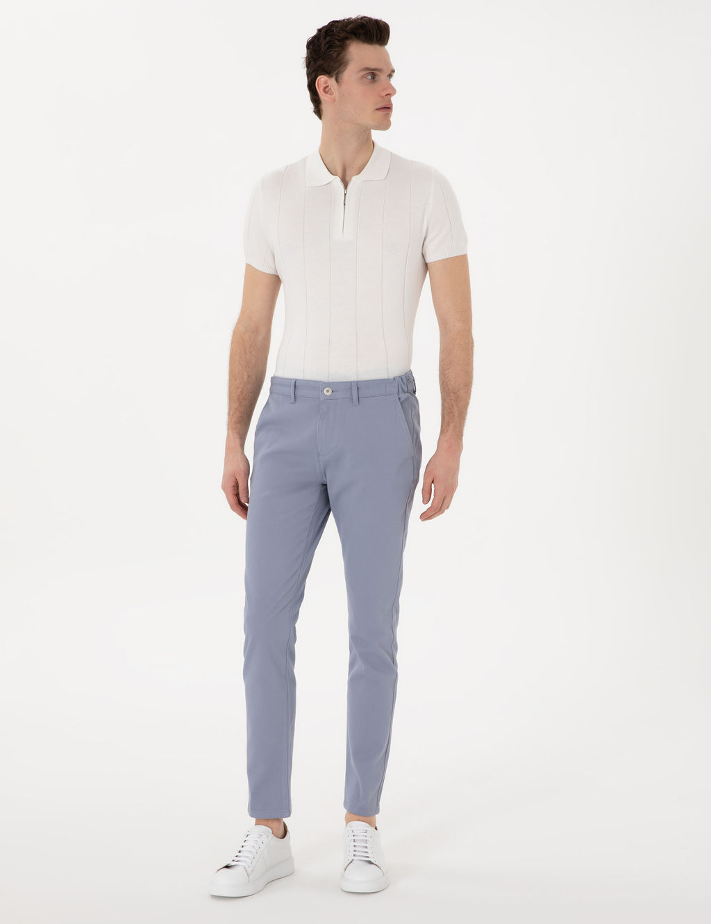 A__k Mavi Slim Fit Beli Lastikli Kanvas Pantolon