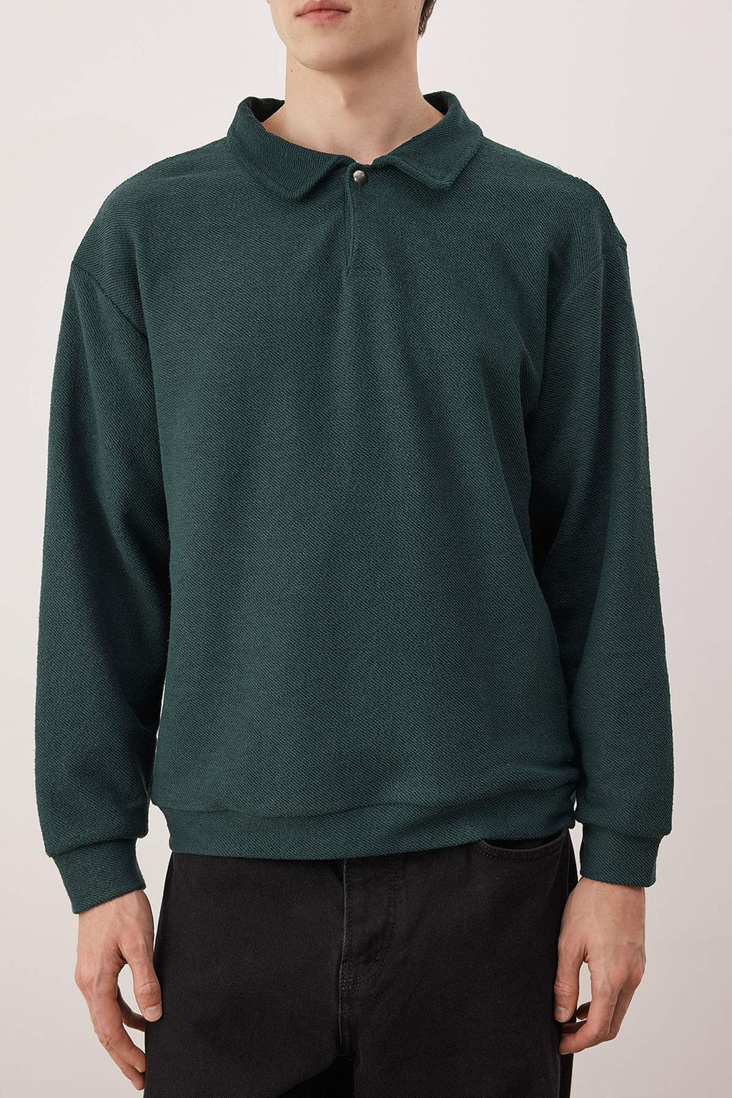 Petrol Yesili Yeni Oversize/Genis Kesim Polo Yaka Kal?n C?tc?tl? Sweatshirt TMNAW26SW00051
