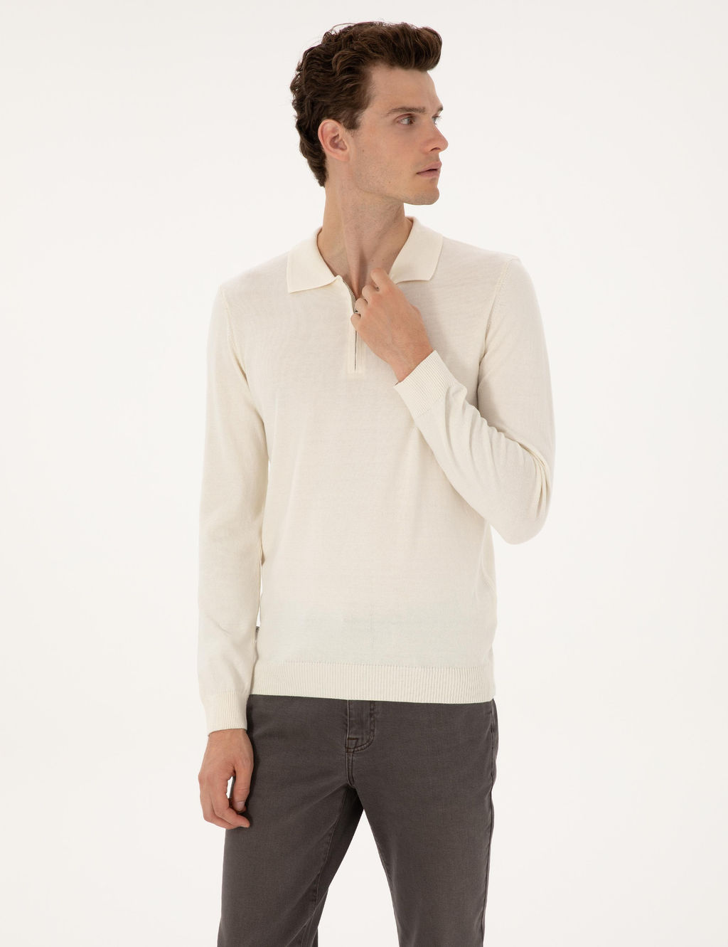 Ekru Slim Fit Polo Yaka Fermuarl_ Basic Triko Kazak - Pierre cardin фото 3