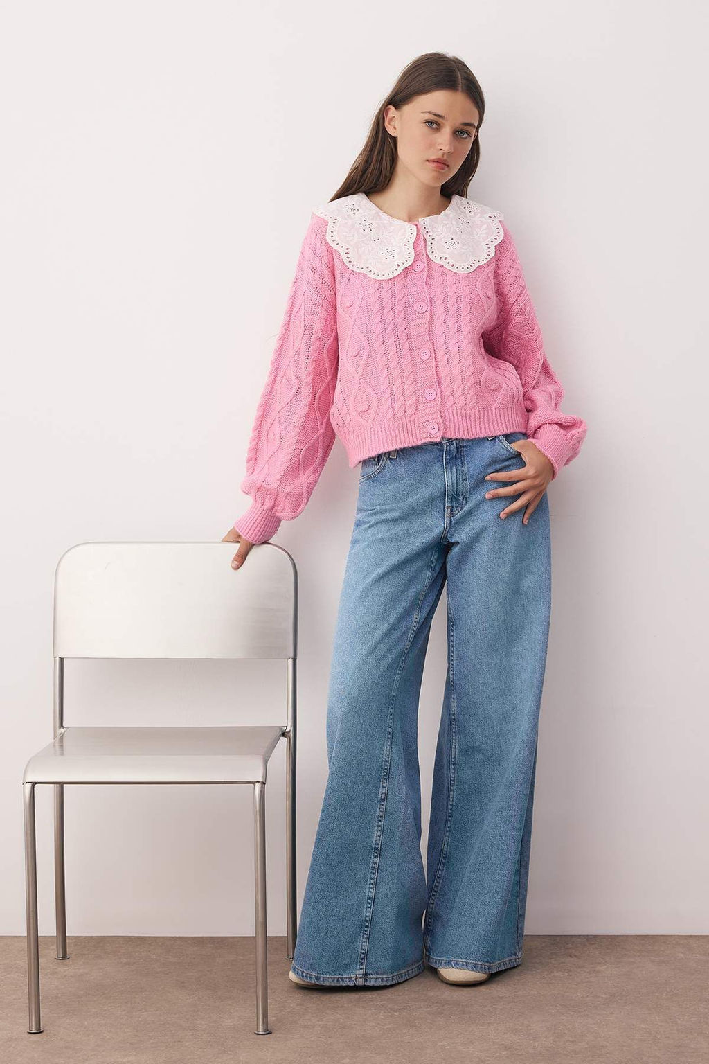 Pembe Sac Orgu Dantel Garnili Polo Yaka Yumusak Dokulu Triko H?rka TWOAW26HI00074 - Trendyolmilla фото 2