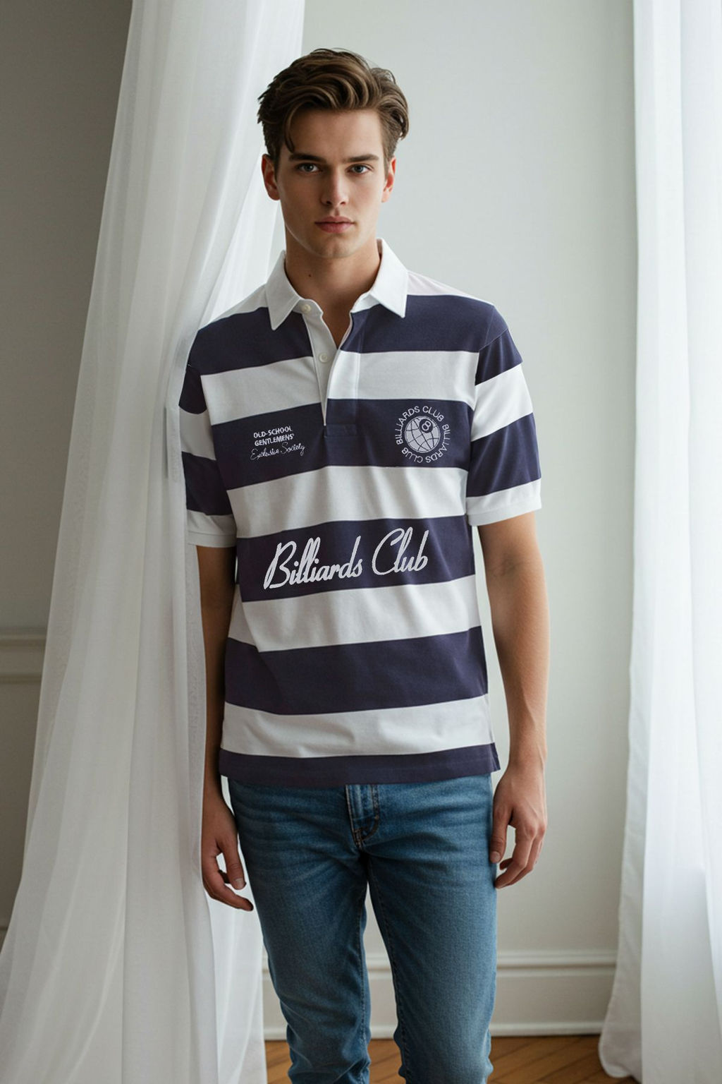 TRENDYOL MAN Lacivert Oversize/Genis Kesim Cizgili Bask?l? Nak?sl? %100 Pamuklu Polo Yaka T-shirt TMNSS25PO00014