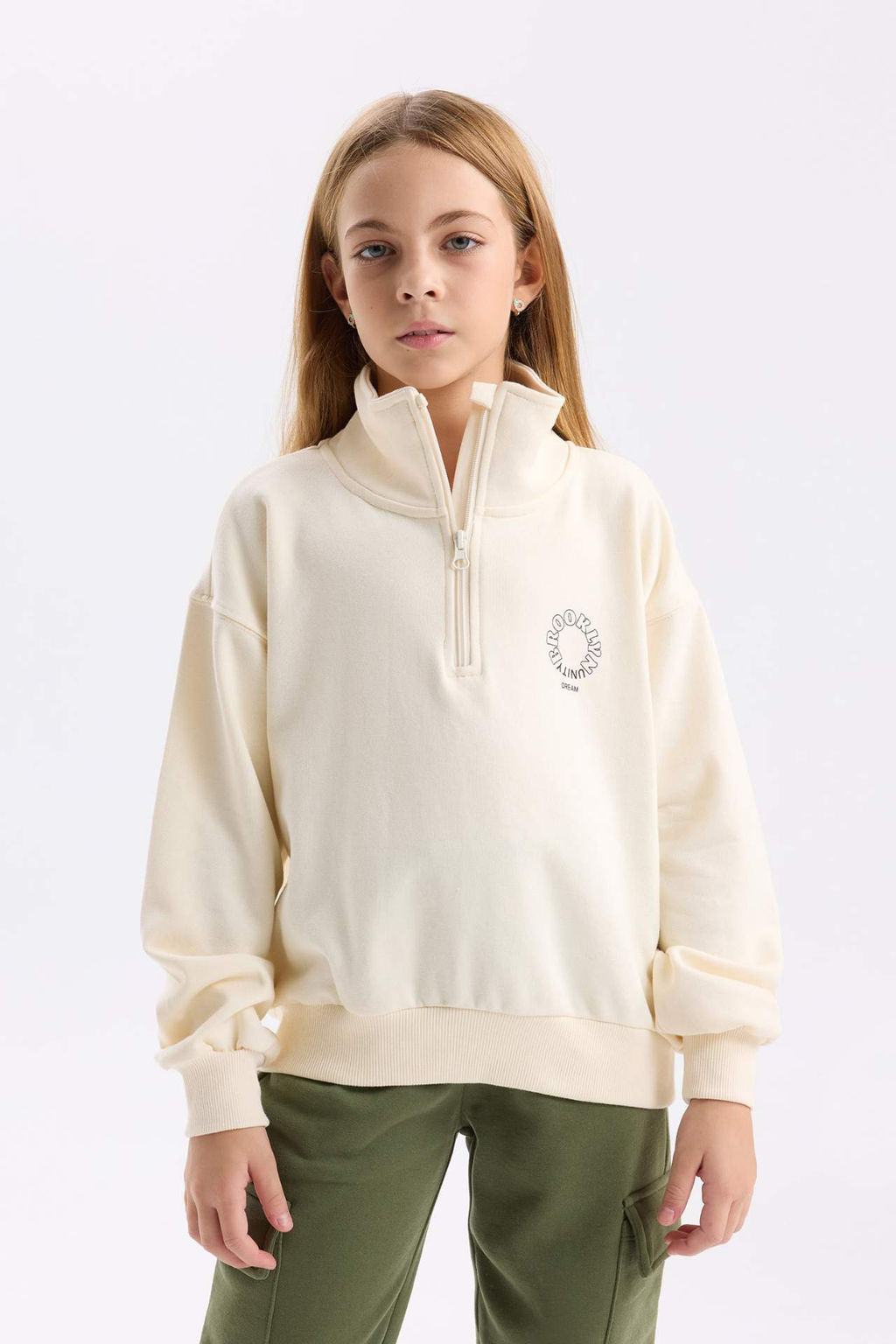 K?z Cocuk Relax Fit Yar?m Fermuarl? Bask?l? Sweatshirt - Defacto фото 2
