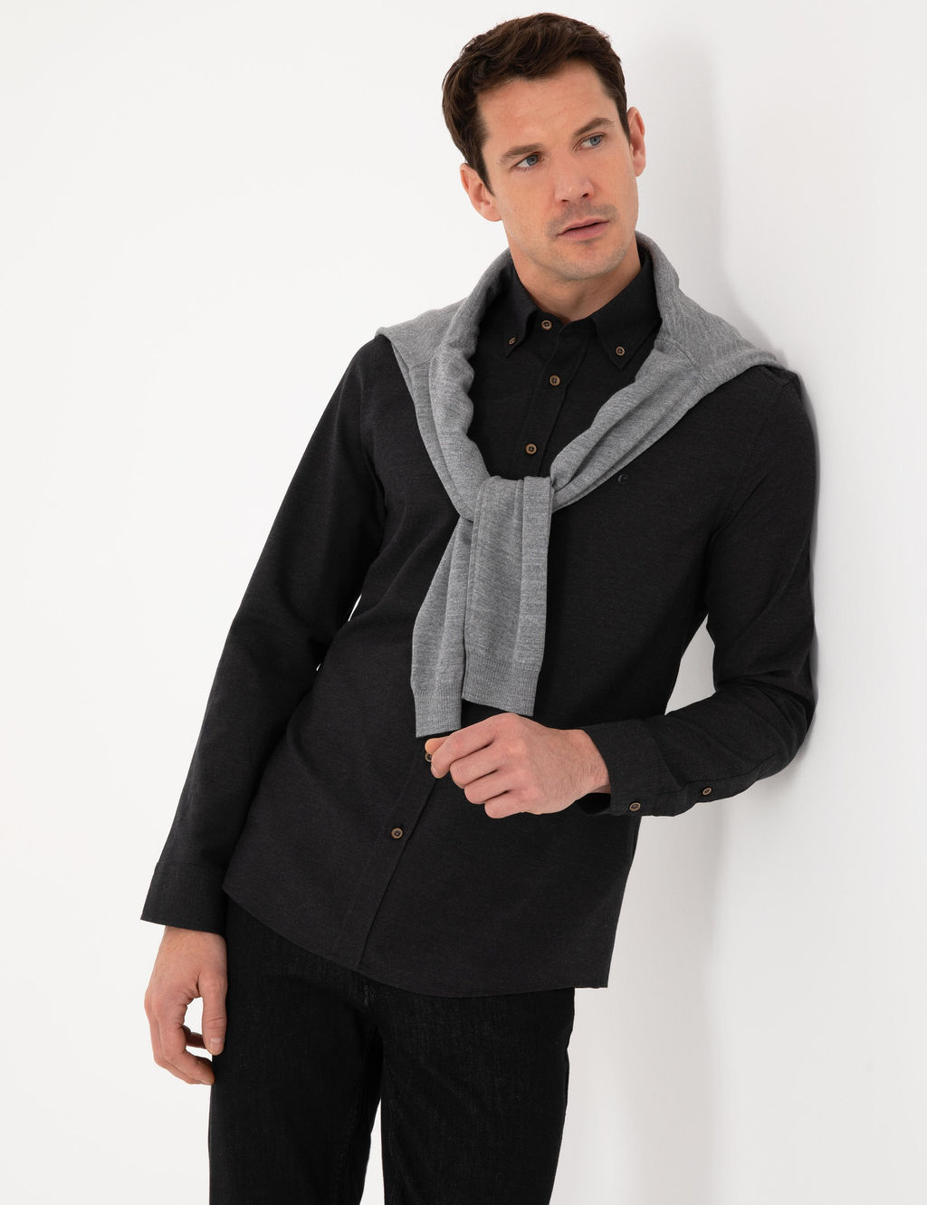 Siyah Slim Fit %100 Pamuk Yakas_ D__meli Flanel G_mlek