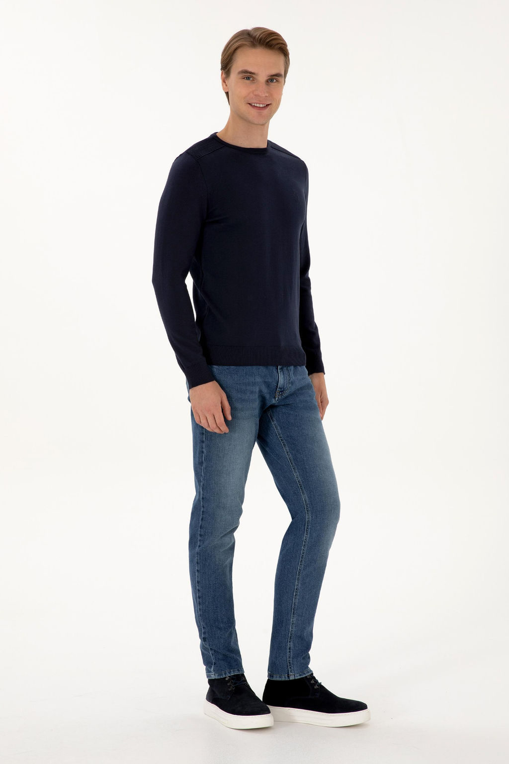 Erkek Slim Fit Bisiklet Yaka Lacivert Basic Kazak