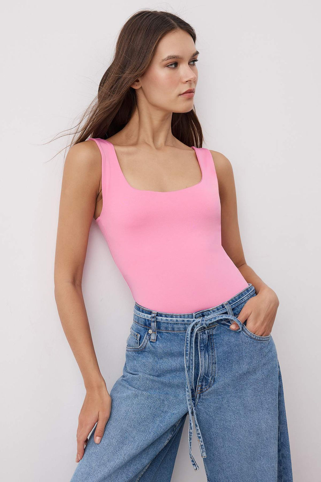 Pembe Fitted/Vucuda Oturan S?rt? Detayl? Kare Yaka C?tc?tl? Esnek Orme Body TWOSS24BD00026