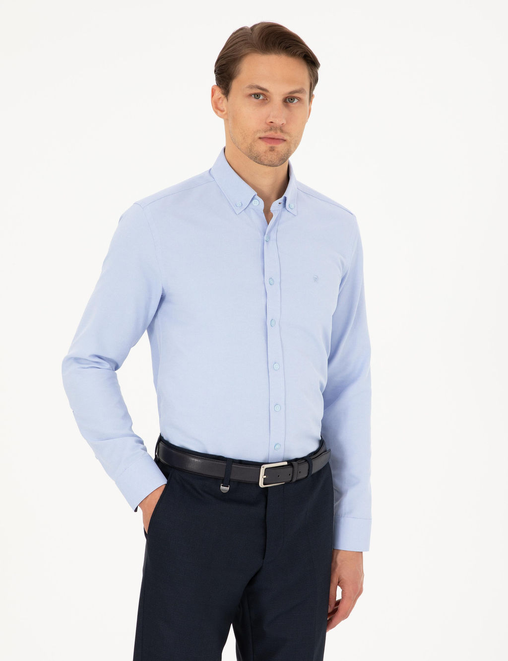A__k Mavi Slim Fit Uzun Kollu G_mlek