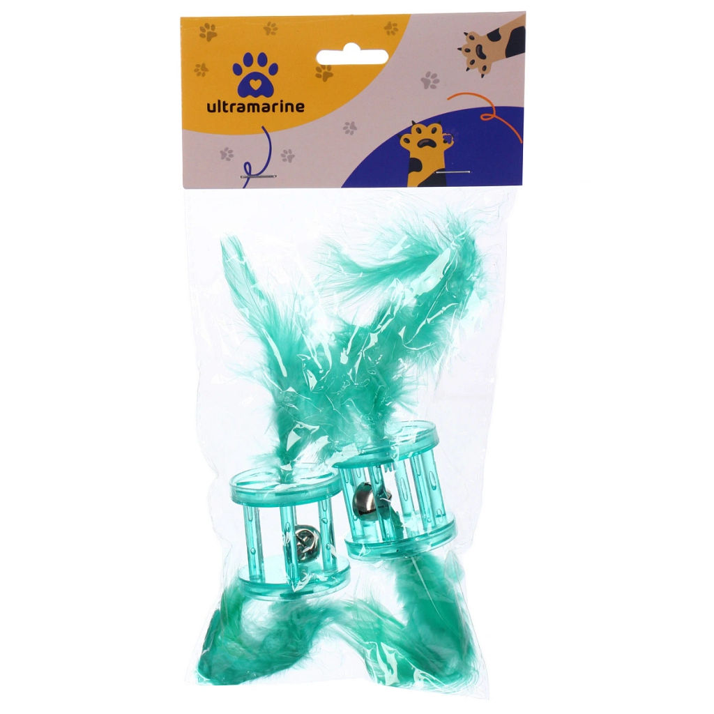 Цена за 6 шт. Игрушка для кошек с бубенчиком в наборе 2шт "ИГРУЛИК", с перышками, цвет мятный, 4см