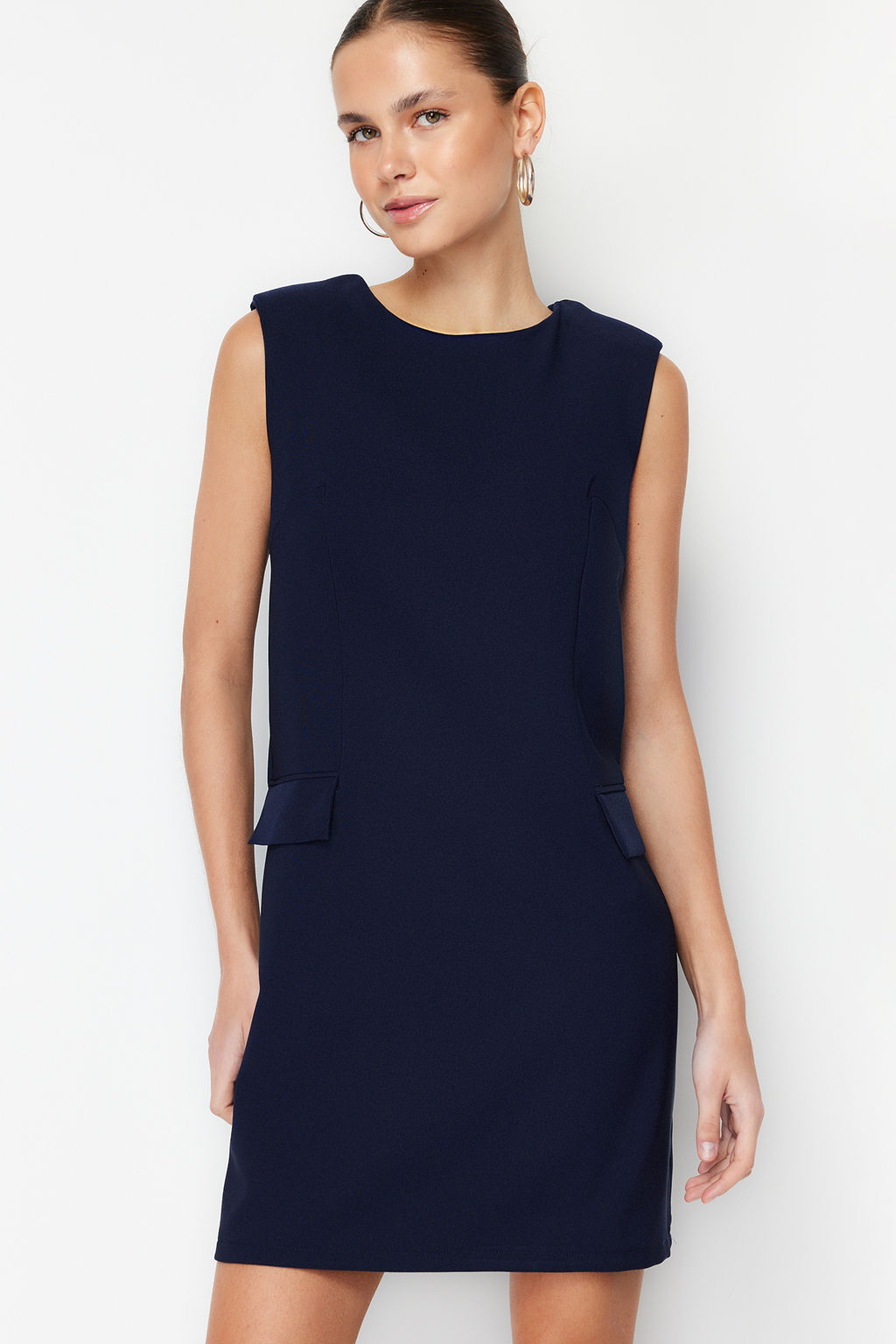Lacivert Duz Kesim Kolsuz Mini Dokuma Elbise TWOSS24EL00391 - Trendyolmilla фото 3