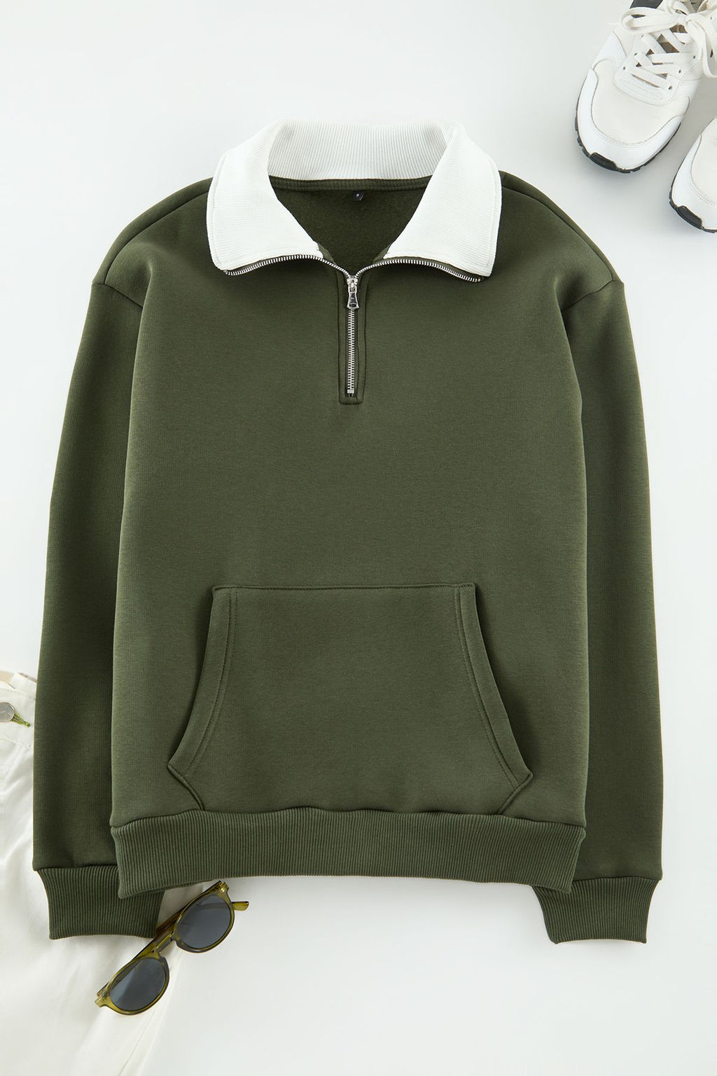 Haki Oversize/Genis Kesim Dik Yaka Fermuarl? Ici Polarl?/S?cak Tutan Sweatshirt TMNAW25SW00081