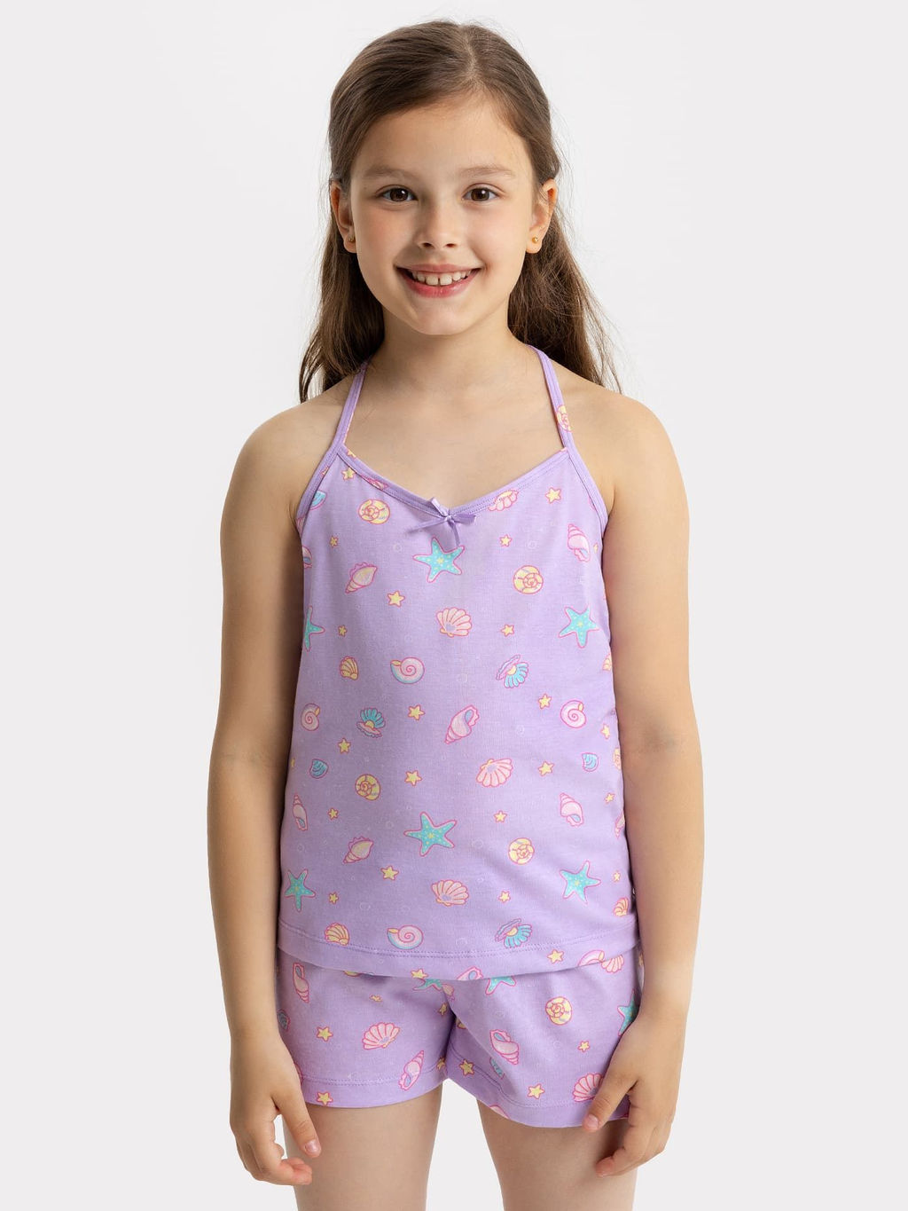 Комплект для девочек (топ, шорты) в фиолетовом оттенке с принтом ракушек - Mark formelle фото 2