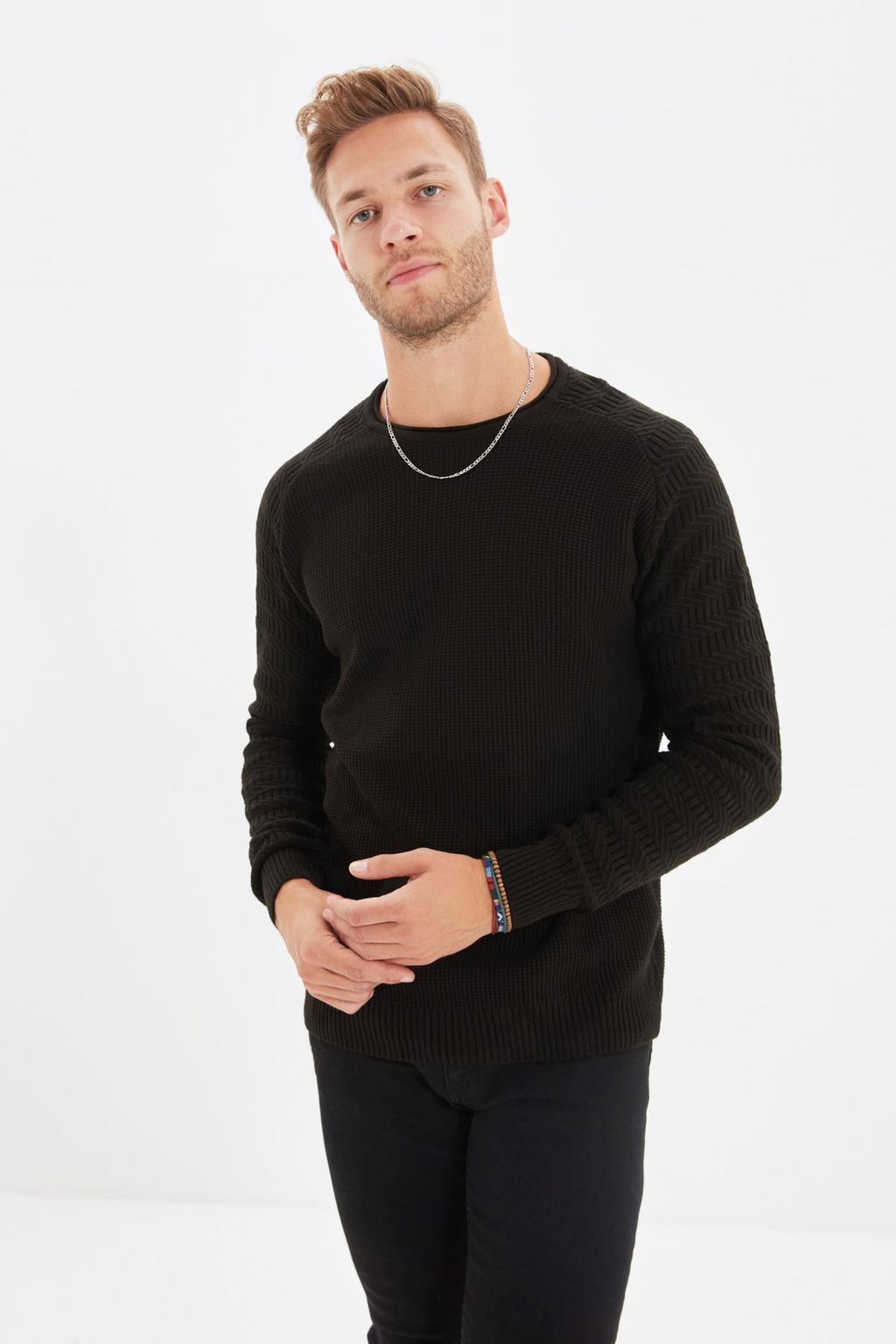 TRENDYOL MAN Gri Slim Fit Dar Kesim Bisiklet Yaka Kol Dokulu Desenli Reglan Kol Triko Kazak TMNAW22KZ0380 - Trendyolmilla фото 2