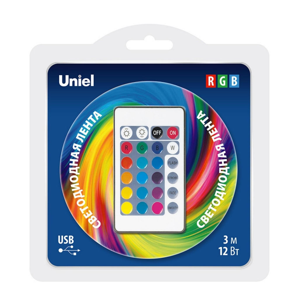 ULS-U12 3M/RGB/1.5M/USB/RC IP20 RUA02C24 Гибкая светодиодная лента на самоклеящейся основе, 3м. RGB. Пульт ДУ (в/к). TM Uniel