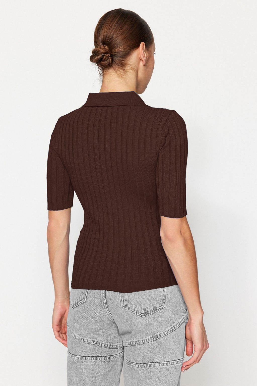 Kahverengi Basic Polo Yaka T-Shirt Gorunumlu Triko Ince Bluz TWOSS20BZ0112