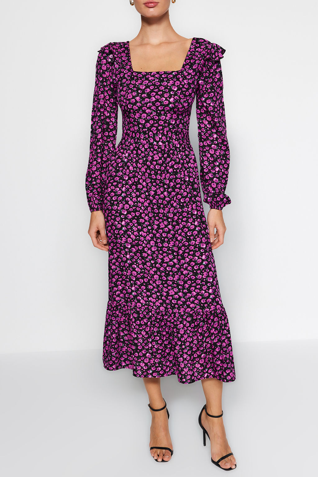 TRENDYOLMILLA Kahverengi Cicekli A Kesim F?rf?rl? %100 Viskon Dokuma Elbise TWOAW24EL00755  фото 4