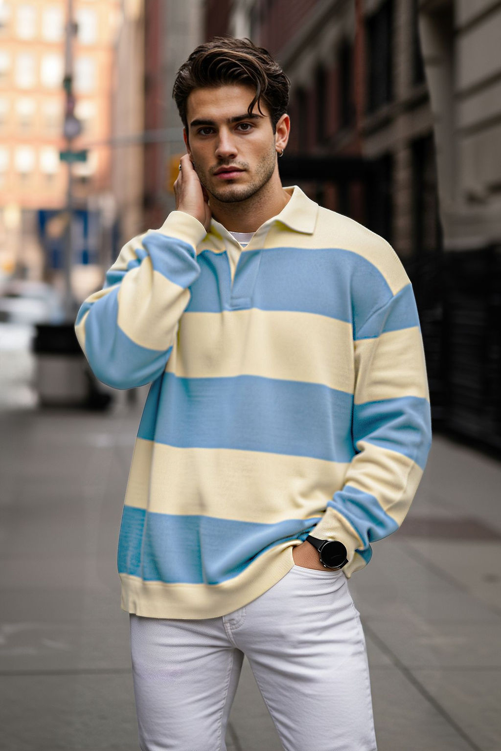 TRENDYOL MAN Mavi Unisex Oversize/Genis Kesim Cizgili Polo Yaka Sweatshirt TMNSS25SW00001 - Trendyolmilla фото 6