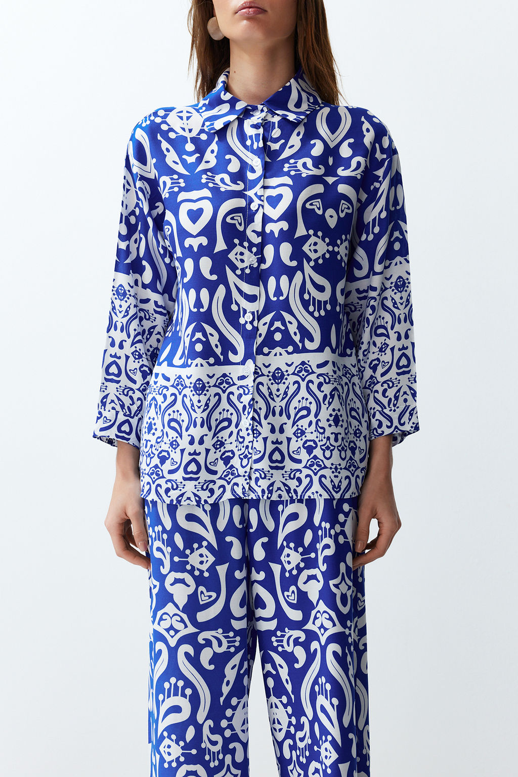 Mavi Zebra Desenli Dokuma Gomlek-Pantolon Tak?m TWOSS24AU00082