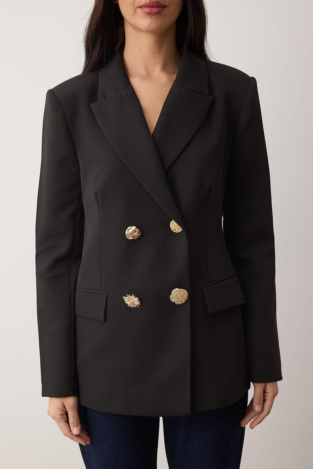 Siyah Aksesuar Dugmeli Dokuma Kruvaze Kapama Blazer Ceket TWOAW26BC00065 - Trendyolmilla фото 3