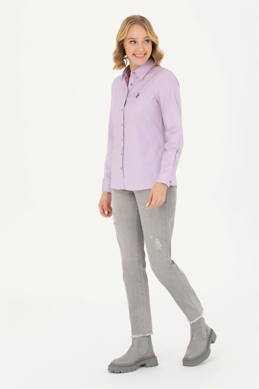 Женская сиреневая базовая рубашка с длинным рукавом - U.s. polo assn фото 4