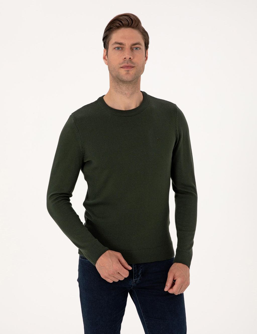 Koyu Haki Slim Fit Bisiklet Yaka Basic Triko Kazak
